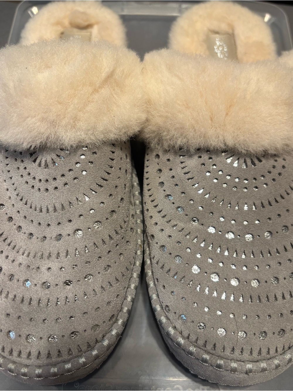 UGG Taupe Suede Slippers with Cream Shearling Cuff and Metallic Accents